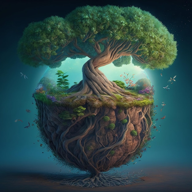 Earth full of vitality cartoon illustration world tree