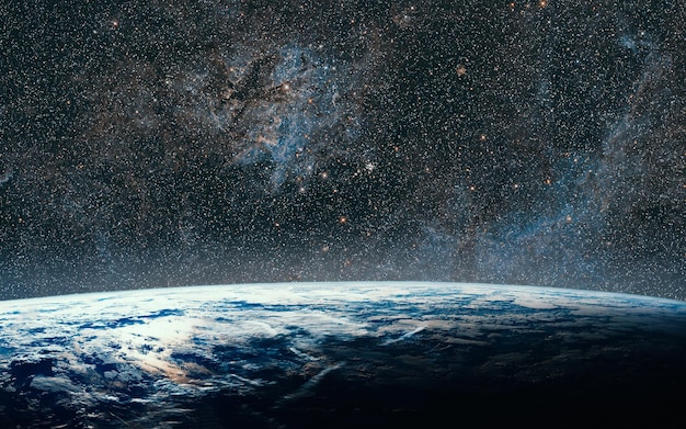 지구와 은하. 밤하늘 공간 이 이미지의 일부 요소는 NASA에서 제공했습니다.