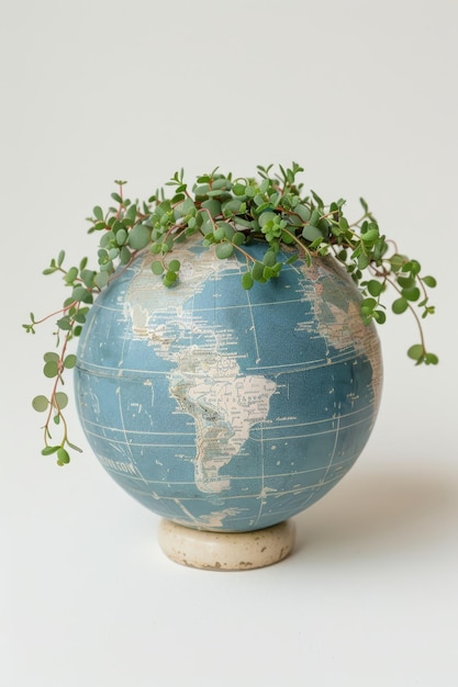 Photo earth globe adorned with lush foliage representing environmental harmony and conservation