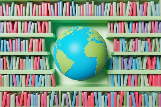 Earth globe among bookshelves