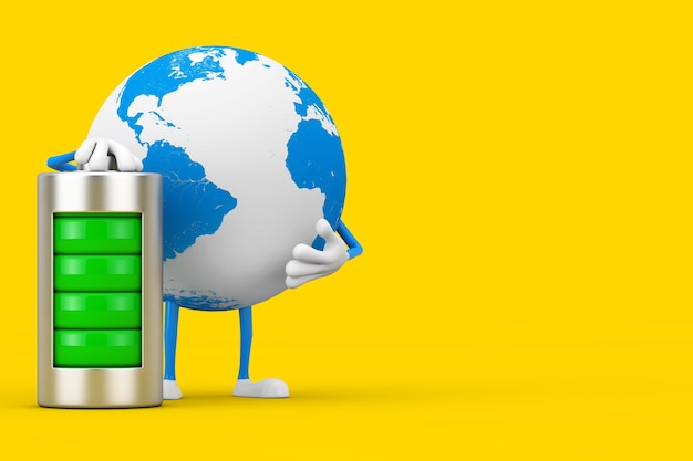 Earth Globe Character Mascot met abstracte oplaadbatterij op een gele achtergrond. 3D-rendering