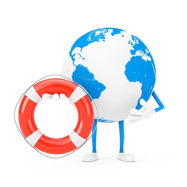 Earth Globe Character Mascot and Modern Mobile Phone with Life Buoy on a white background. 3d Rendering