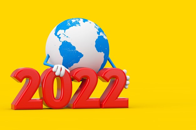 노란색 배경에 2022년 새해 기호가 있는 지구 글로브 캐릭터 마스코트. 3d 렌더링