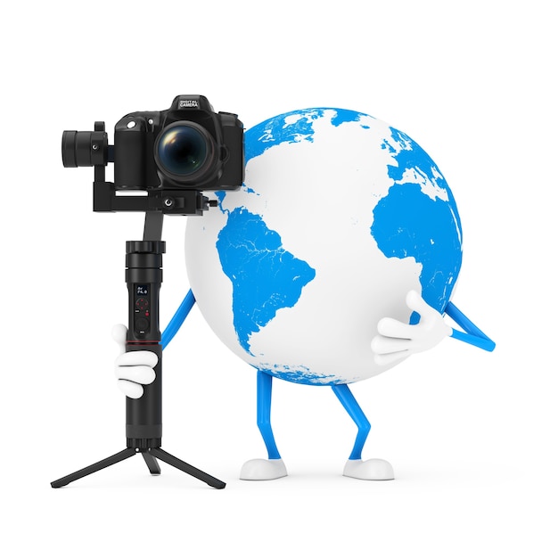 Earth Globe Character Mascot with DSLR or Video Camera Gimbal Stabilization Tripod System on a white background. 3d Rendering