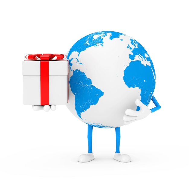 Earth Globe Character Mascot with Gift Box and Red Ribbon on a white background. 3d Rendering