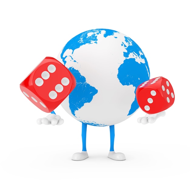 Earth Globe Character Mascot with Red Game Dice Cubes in Flight on a white background. 3d Rendering