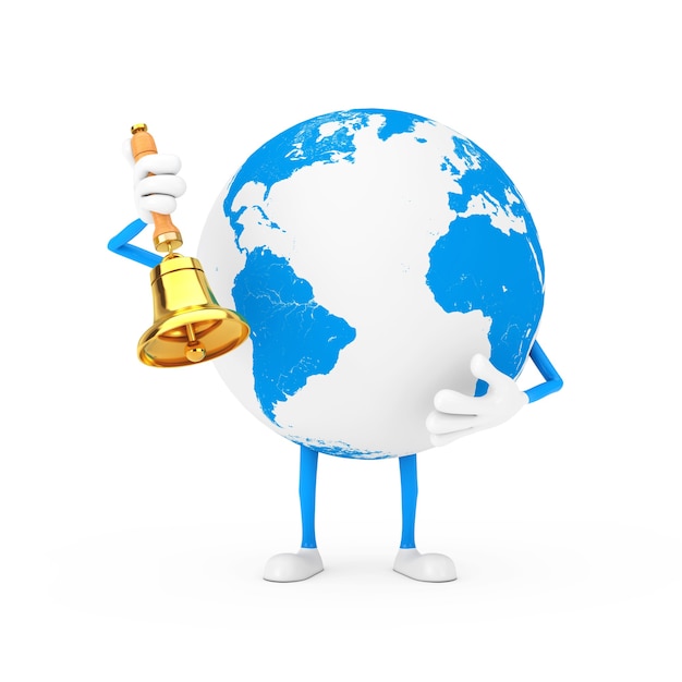 Earth Globe Character Mascot with Vintage Golden School Bell on a white background. 3d Rendering