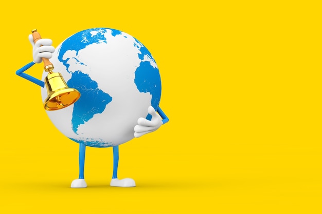 Photo earth globe character mascot with vintage golden school bell on a yellow background. 3d rendering