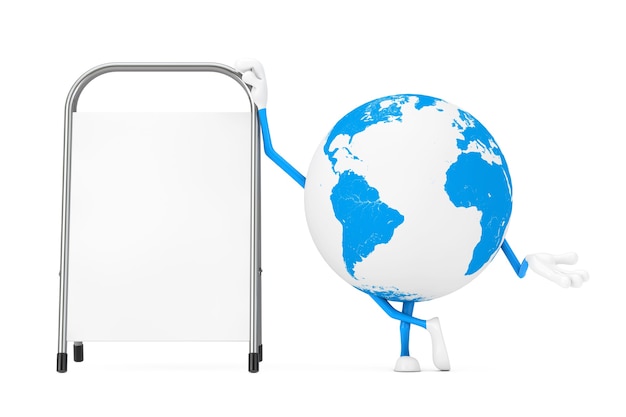 Earth Globe Character Mascot with White Blank Advertising Promotion Stand on a white background. 3d Rendering