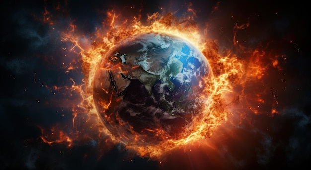 Photo earth globe on fire concept of global warming and climate change generative ai