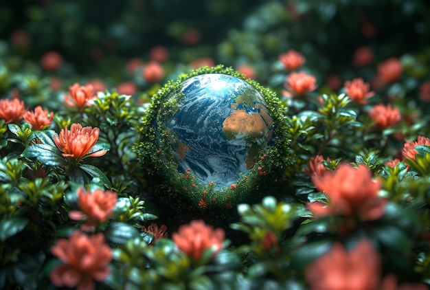 Foto il globo terrestre nella foresta di fiori