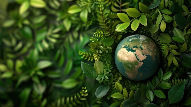 Earth globe from paper around green leaves Green earth day concept AI generated image