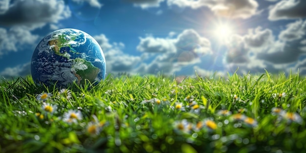 Earth globe on green meadow with flowers under blue sky Concept of environmental protection sustainability and eco friendly living