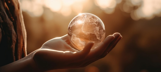 Earth globe in hands on the background of bright sun Generative AI
