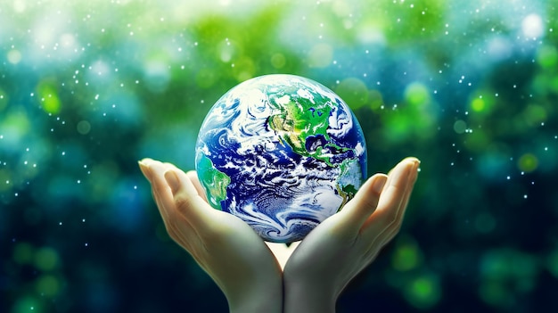 Earth globe in hands Save the Earth concept Ecology concept High quality photo