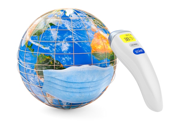 Earth Globe in een medisch masker met infrarood elektronische thermometer 3D-rendering