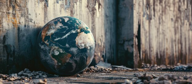 Foto earth globe in een verlaten fabriek het concept van milieuvervuiling