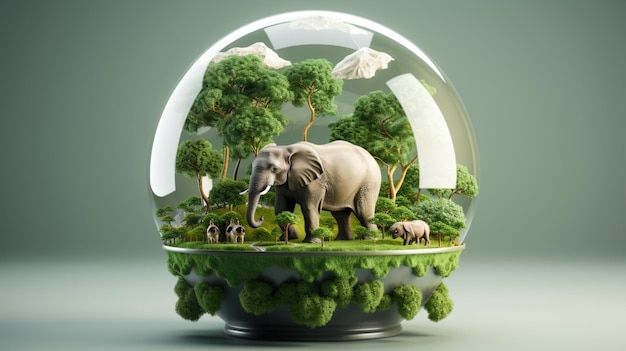 a earth globe and inside the globe an elephant and grass under the elephant leg