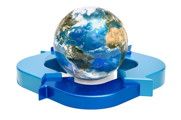 Earth Globe met ringdiagram van blauwe pijlen 3D-rendering