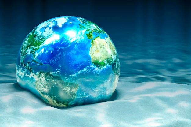 Earth Globe on ocean bottom underwater 3D rendering