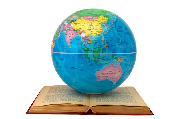 Earth globe on an open book showing Asia and Australia study and learning concept