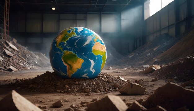 Foto globo terrestre in un mucchio di macerie