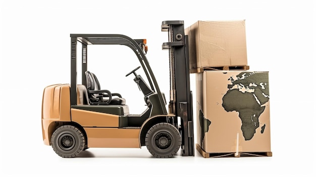 Over an earth globe on a white background a forklift truck with a free shipping box is rendered using generative ai