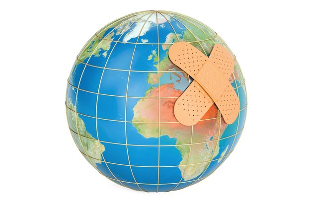 Photo earth globe with adhesive plaster 3d rendering