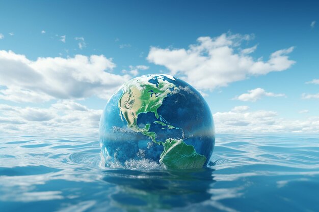 Earth globe with clouds ocean and water 3d rendering