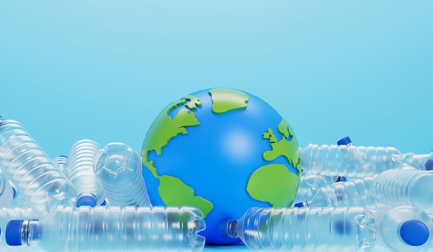 Earth globe with empty plastic bottles Global plastic pollution concept 3D Rendering