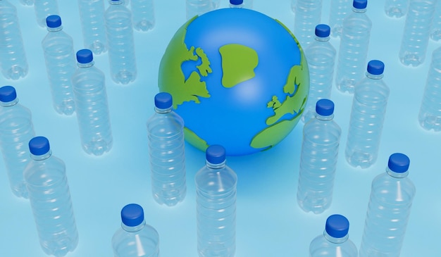 Earth globe with empty plastic bottles Global plastic pollution concept 3D Rendering