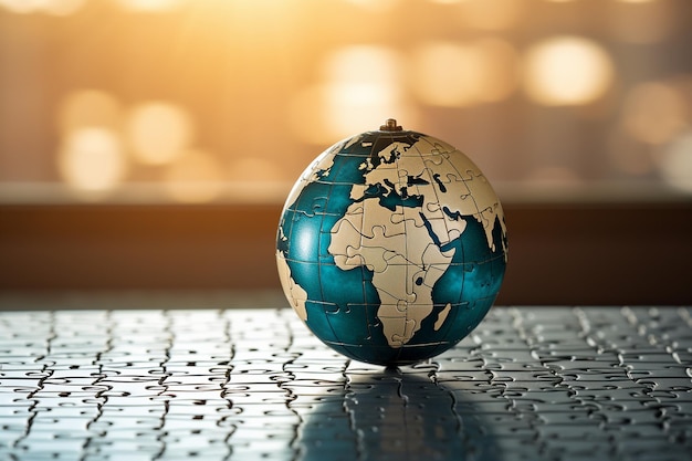 Photo earth globe with a globe shaped jigsaw puzzle symbolizing global unity