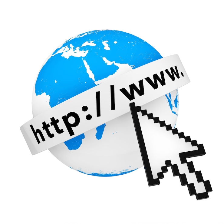 Photo earth globe with internet address text and pixel cursor on a white background. 3d rendering.