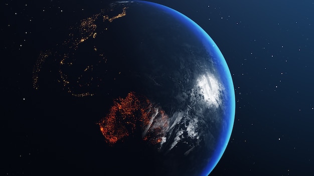 Foto globo terrestre con mappa dell'australia tutto bruciato e in fiamme