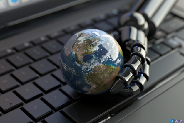 Фото Глобус земли с роботизированной рукой на клавиатуре ноутбука