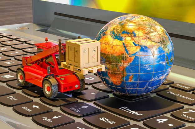 Photo earth globe with telescopic handler truck and parcel on keyboard of laptop global shipping and delivery concept 3d rendering