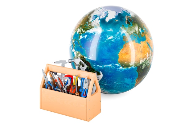 Earth Globe with tool box 3D rendering