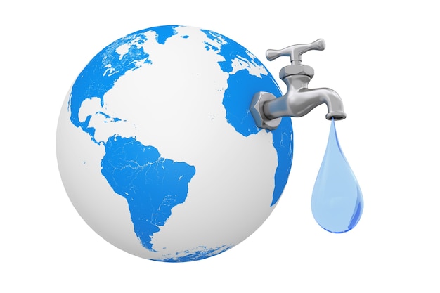 Earth Globe with Water Tap and Water Drop on a white background. 3d Rendering.