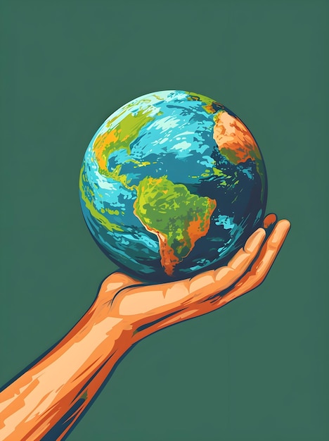earth in a hand illustration in the style of colorful fantasy realism vintage poster style