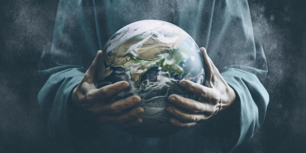 Photo earth in hands of a human earth day and ecology concepts generative ai