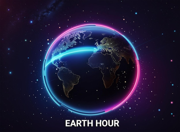 Photo earth hour concept with neon lights flat earth planet in space earth globe with ono ff light switc