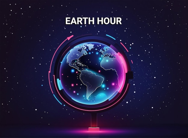 Photo earth hour concept with neon lights flat earth planet in space earth globe with ono ff light switc