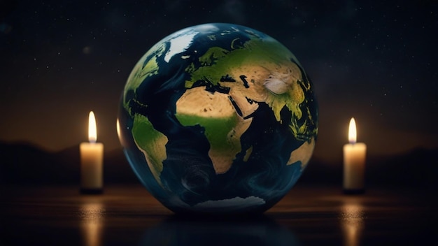 Earth hour image of a globe with the world on it and candles around it