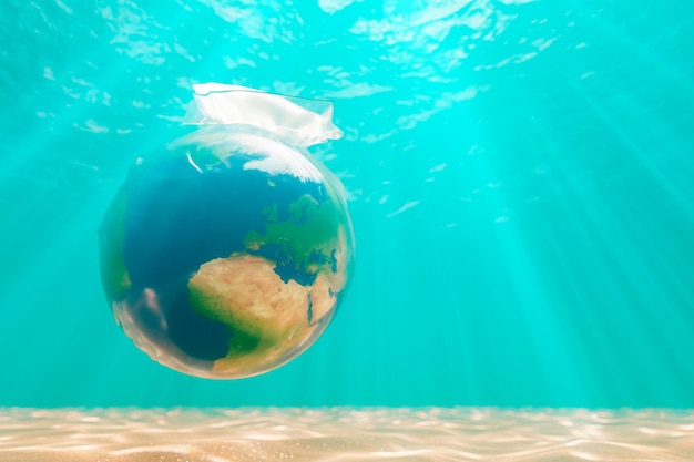 earth inside a plastic bag on the sea bottom