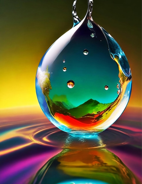 Earth inside a water drop vibrant colours volumetric light