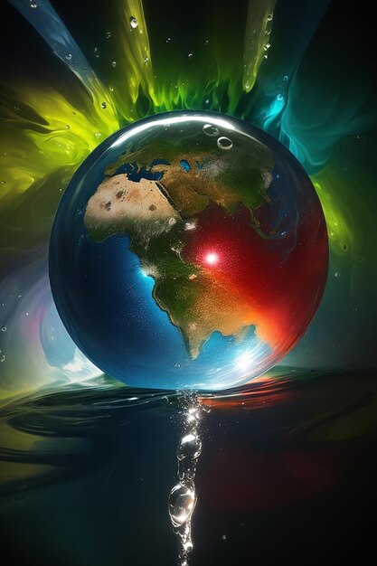 Earth inside a water drop vibrant colours volumetric light