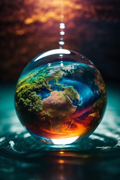 Earth inside a water drop vibrant colours volumetric light