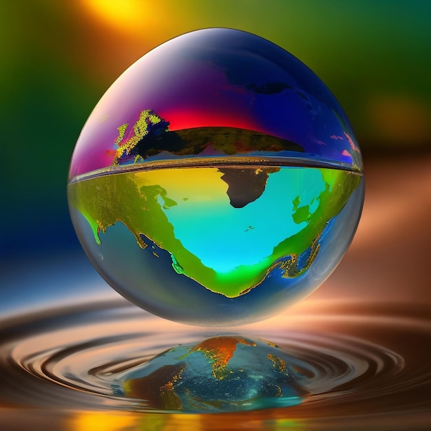 Earth inside a water drop vibrant colours