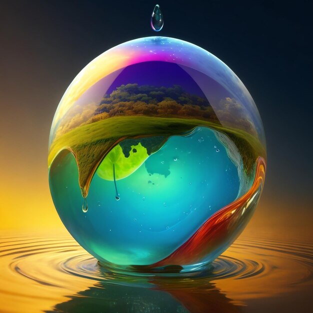 Earth inside a water drop vibrant colours