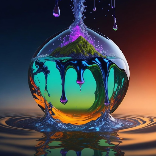 Earth inside a water drop vibrant colours